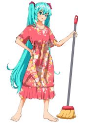 1girl aqua_eyes aqua_hair barefoot broom collarbone commentary dress english_commentary full_body hair_ornament hair_scrunchie hand_on_own_hip hatsune_miku highres holding holding_broom indonesia indonesian_clothes jopra125 long_hair open_mouth print_dress red_dress red_scrunchie scrunchie short_sleeves simple_background solo standing toes twintails very_long_hair vocaloid white_background