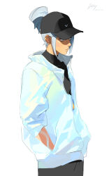 Rule 34 | 1girl, a shuang wa, absurdres, artist name, baseball cap, black hat, black pants, black shirt, blue eyes, blue hair, blue jacket, covered collarbone, frown, hat, highres, jacket, jett (valorant), looking to the side, pants, shirt, simple background, sketch, solo, sweatpants, valorant, white background