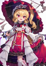 Rule 34 | 1girl, adapted costume, blonde hair, blush, bow, crystal, dated, dress, embellished costume, fangs, feet out of frame, fingernails, flandre scarlet, frilled dress, frilled sleeves, frills, gunjou row, hair between eyes, hat, highres, holding, holding umbrella, kneehighs, knees together feet apart, long hair, long sleeves, mob cap, nail polish, one side up, open mouth, red bow, red dress, red eyes, red nails, signature, smile, socks, solo, touhou, umbrella, white hat, white socks, wings, yellow bow