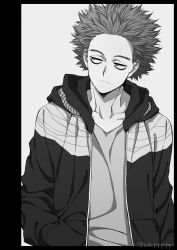 Rule 34 | 1boy, bags under eyes, black border, boku no hero academia, border, closed mouth, collarbone, frown, hand in pocket, hood, hooded jacket, jacket, long sleeves, male focus, open clothes, open jacket, popo take, shinsou hitoshi, short hair, simple background, solo, twitter username, upper body