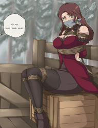 Rule 34 | 1girl, absurdres, bare shoulders, bdsm, bondage, bound, breasts, brown hair, cleavage, cloth gag, dorothea arnault, dress, earrings, fire emblem, fire emblem: three houses, gag, gagged, green eyes, highres, improvised gag, intelligent systems, jewelry, large breasts, long hair, looking at viewer, nintendo, over the mouth gag, red dress, ryner-e, sitting, sleeveless, sleeveless dress, solo, speech bubble