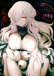 Rule 34 | 10s, 1girl, abyssal ship, breasts, closed mouth, colored skin, commentary request, covered erect nipples, french battleship princess, hair over one eye, horns, kantai collection, kneeling, large breasts, long hair, looking at viewer, orange eyes, revision, rui shi (rayze ray), sidelocks, solo, thighhighs, tsurime, turret, very long hair, white hair, white skin, white thighhighs