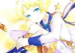 Rule 34 | 1boy, blonde hair, blue eyes, blue footwear, bright pupils, closed mouth, eyelashes, fate/grand order, fate (series), fingernails, hands on own legs, long sleeves, male focus, no nose, ryuuki garyuu, sitting, smile, solo, star (symbol), voyager (fate), white pupils, white tunic