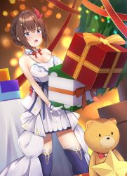Rule 34 | 1girl, absurdres, alternate breast size, alternate costume, ankimo (tokino sora), bare shoulders, blue eyes, blush, breasts, brown hair, christmas, christmas present, christmas tree, cleavage, detached collar, dress, gift, gloves, highres, holding, holding gift, hololive, kokonoe misui, large breasts, open mouth, solo, stuffed animal, stuffed toy, teddy bear, thighhighs, tokino sora, virtual youtuber, white dress, white gloves