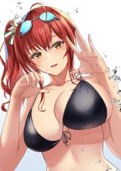 Rule 34 | 1girl, azur lane, bare shoulders, bikini, black bikini, blush, breasts, cleavage, collarbone, goggles, goggles on head, gradient background, hair between eyes, hair ornament, highres, large breasts, long hair, looking at viewer, o-ring, o-ring bikini, one side up, open mouth, red hair, sidelocks, smile, solo, strap pull, swimsuit, water drop, white background, yamikyon, yellow eyes, zara (azur lane), zara (poolside coincidence) (azur lane)