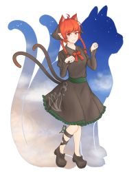 Rule 34 | absurdres, animal background, animal ears, black bow, black dress, black ribbon, bow, braid, cat, cat ears, cat tail, dress, extra ears, footwear bow, frilled dress, frilled skirt, frills, full body, hair bow, highres, kaenbyou rin, leg ribbon, long hair, long sleeves, mary janes, multiple tails, nekomata, red eyes, red hair, ribbon, shoes, skirt, sky, star (sky), starry sky, tail, touhou, transparent background, trefle, twin braids, two tails