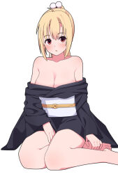 Rule 34 | 1girl, ahoge, alternate costume, arihara nanami, arm at side, bare shoulders, between legs, black kimono, blonde hair, blush, breasts, cleavage, collarbone, commentary, foot out of frame, hair between eyes, hair ornament, hand between legs, japanese clothes, kimono, large breasts, long sleeves, looking at viewer, open mouth, pom pom (clothes), pom pom hair ornament, ponytail, red eyes, riddle joker, simple background, sitting, solo, symbol-only commentary, white background, wide sleeves, yokozuwari, zlmh7okwwbmghfo