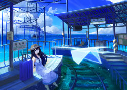 Rule 34 | 1girl, bad anatomy, bad feet, black hair, blue eyes, blue sky, chair, day, dress, fish, foreshortening, looking at viewer, niichi (komorebi-palette), ocean, original, paper airplane, poorly drawn, sitting, sitting on person, sky, smile, soaking feet, solo, suitcase, train, train station, translation request, trash can, water, white dress