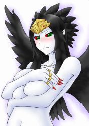 Rule 34 | 1girl, black hair, black wings, blush, breast hold, breast press, breasts, collarbone, colored sclera, colored skin, covering privates, covering breasts, duel monster, embarrassed, emblem, fabled grimro, female focus, fingernails, frown, green eyes, jewelry, large breasts, long fingernails, long hair, long image, looking at viewer, monster girl, multicolored eyes, nail polish, navel, nude, pataneet, pointy ears, red nails, red sclera, ring, simple background, solo, tiara, upper body, white background, white skin, wings, yu-gi-oh!, yu-gi-oh! duel monsters