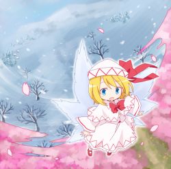 Rule 34 | 1girl, blonde hair, blue eyes, blush, bow, capelet, dress, fairy, fairy wings, hat, lily white, long sleeves, open mouth, petals, short hair, snow, snowing, solo, touhou, tree, white dress, wings, yamabuki (yusuraume)