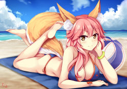 Rule 34 | 1girl, animal ear fluff, animal ears, arm support, ball, bare legs, bare shoulders, barefoot, beach, beachball, bikini, blue bikini, blue sky, blush, breasts, brown eyes, chrisandita, cleavage, closed mouth, cloud, cloudy sky, day, fate/grand order, fate (series), fox ears, fox girl, fox tail, hair between eyes, horizon, large breasts, legs up, long hair, lying, ocean, on stomach, outdoors, pink hair, sand, side-tie bikini bottom, sky, smile, soles, solo, swimsuit, tail, tamamo (fate), tamamo no mae (fate/extra), tamamo no mae (swimsuit lancer) (fate), v-shaped eyebrows, water