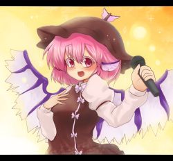 Rule 34 | 1girl, animal ears, bad id, bad pixiv id, female focus, gradient background, hand on another&#039;s chest, hat, letterboxed, microphone, mizuga, mystia lorelei, pink hair, short hair, solo, touhou, wings