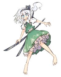 Rule 34 | 1girl, barefoot, black hairband, blue eyes, commentary, frilled skirt, frills, full body, green skirt, green vest, hairband, highres, holding, holding sword, holding weapon, konpaku youmu, looking at viewer, multiple swords, open mouth, primsla, shirt, short sleeves, simple background, skirt, solo, sword, touhou, vest, weapon, white background, white hair, white shirt