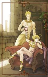 Rule 34 | 10s, 1boy, 1girl, agathaxe, ahoge, alcohol, ancient, anklet, armchair, armlet, babylon, blonde hair, bra, bracelet, breasts, chair, cleavage, couch, cup, drinking glass, earrings, fate/extra, fate/zero, fate (series), full body, gilgamesh (fate), green eyes, high heels, highres, jewelry, crossed legs, necklace, nero claudius (fate), nero claudius (fate), nero claudius (fate/extra), nipples, open shoes, red eyes, ribbon, sandals, shoes, short hair, sitting, smile, toga, underwear, wine, wine glass
