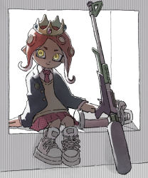 Rule 34 | 1girl, black jacket, closed mouth, collared shirt, crown, gem, ink tank (splatoon), jacket, long hair, long sleeves, miniskirt, nintendo, nishikuromori, octoling, octoling girl, octoling player character, open clothes, open jacket, pigeon-toed, pink neckwear, pink skirt, plaid, plaid neckwear, plaid skirt, pleated skirt, red hair, school uniform, shirt, shoelaces, shoes, sitting, skirt, smile, solo, splat charger (splatoon), splatoon (series), splatoon 2, suction cups, sweater vest, tentacle hair, unbuttoned, white footwear, white shirt, yellow eyes, yellow sweater vest