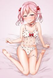Rule 34 | 1girl, blush, breasts, bridal garter, closed mouth, food print, gradient background, hair between eyes, hair bobbles, hair ornament, highres, kantai collection, looking at viewer, panties, pink eyes, pink hair, print panties, sazanami (kancolle), short hair, sitting, sleepwear, small breasts, smile, solo, strawberry panties, strawberry print, sugamo (rainysnowy108), twintails, underwear, underwear only, wariza