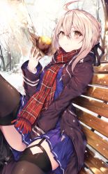 Rule 34 | 1girl, absurdres, ahoge, artoria pendragon (fate), bench, black-framed eyewear, black thighhighs, blonde hair, blush, braid, breasts, day, eating, fal maro, fate/grand order, fate (series), food, glasses, hair between eyes, highres, holding, holding food, jacket, looking at viewer, mysterious heroine x alter (fate), mysterious heroine x alter (first ascension) (fate), outdoors, plaid, plaid scarf, potato, red scarf, scarf, semi-rimless eyewear, sitting, skirt, snowing, solo, sweet potato, thighhighs, under-rim eyewear, yellow eyes