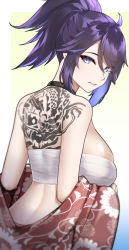 Rule 34 | 1girl, back tattoo, black choker, black hair, blue eyes, blue hair, breasts, choker, commentary, commission, english commentary, from behind, highres, kaiend, kson, large breasts, looking at viewer, mole, mole under eye, multicolored hair, ponytail, sarashi, skindentation, solo, souchou, streaked hair, tattoo, upper body, virtual youtuber, vshojo