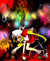 Rule 34 | 1girl, blonde hair, blouse, embodiment of scarlet devil, female focus, flandre scarlet, gradient background, hat, kazetto, mob cap, red eyes, red wrist cuffs, shirt, solo, touhou, white hat, white shirt, wings, wrist cuffs
