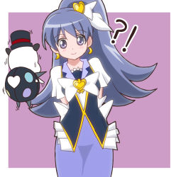Rule 34 | !, 10s, 1girl, ?, arms behind back, atair, brooch, crescent, crescent earrings, cure tender, earrings, hair ornament, happinesscharge precure!, hat, heart, heart brooch, heart hair ornament, hikawa maria, jewelry, long hair, magical girl, phanphan (happinesscharge precure!), phantom (happinesscharge precure!), ponytail, precure, purple hair, short sleeves, skirt, smile, solo, spoilers, top hat