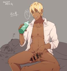 Rule 34 | 1boy, arima (arima bn), bad id, bad twitter id, blonde hair, bottle, bottomless, brown background, censored, condom, condom on penis, dark skin, dark-skinned male, dated, gyaruo, highres, looking down, male focus, on bed, open clothes, open shirt, original, penis, shirt, simple background, sitting, sleeping, sweat, twitter username, water bottle