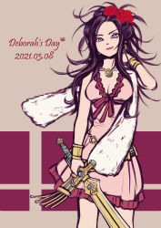 Rule 34 | 1girl, absurdres, black hair, blue eyes, bracelet, breasts, character name, cleavage, dated, deborah (dq5), dragon quest, dragon quest v, dress, earrings, feather boa, flower, hair flower, hair ornament, highres, holding, holding sword, holding weapon, hoop earrings, jewelry, large breasts, lipstick, long hair, makeup, messy hair, necklace, pekuchin (pekuchin 3), pink dress, purple background, red flower, red lips, red rose, rose, solo, sword, weapon