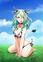 Rule 34 | 1girl, animal ears, animal print, antlers, artist logo, bell, bikini, black collar, blue sky, branch, breasts, ceres fauna, cleavage, cloud, collar, collarbone, cow ears, cow horns, cow print, cow print bikini, cow tail, eating, flower, full body, grass, grazing (livestock), green hair, green nails, hair flower, hair ornament, highres, hololive, hololive english, horns, jeffanime4, leaf, long hair, looking at viewer, medium breasts, mole, mole under eye, nail polish, navel, neck bell, outdoors, print bikini, sitting, sky, solo, swimsuit, tail, thighs, virtual youtuber, wavy hair, white flower, yellow eyes
