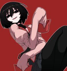Rule 34 | 1girl, black eyes, black hair, black necktie, black pantyhose, empty eyes, formicid, grey skirt, hair between eyes, jaggy lines, korean commentary, looking at viewer, monogatari (series), naoetsu high school uniform, necktie, open mouth, oshino ougi, outline, pantyhose, pleated skirt, red background, school uniform, short hair, simple background, skirt, sleeves past fingers, sleeves past wrists, smile, solo, white outline