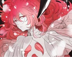 Rule 34 | 1other, alternate costume, androgynous, colored eyelashes, colored skin, crystal hair, expressionless, gem, houseki no kuni, long hair, looking at viewer, open clothes, padparadscha (houseki no kuni), red eyes, red hair, see-through, see-through sleeves, shumiko (kamenokoueki), solo, spoilers, upper body, wavy hair, white skin