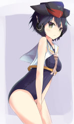 Rule 34 | 10s, 1girl, black hair, black one-piece swimsuit, brown eyes, framed breasts, hair between eyes, hat, headphones, highres, i-14 (kancolle), kantai collection, kugehi, leaning forward, one-piece swimsuit, sailor collar, school swimsuit, short hair, solo, swimsuit
