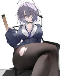 1girl a_fangfang_fang_fang absurdres bags_under_eyes black_bag black_choker black_eyes black_pantyhose blue_cardigan blue_necktie breasts cardigan choker closed_mouth commentary_request crossed_legs feet_out_of_frame grey_hair hair_ornament hair_stick halo highres itokonoue_kaoru large_breasts long_hair long_sleeves looking_at_viewer loose_necktie messy_hair necktie pantyhose partially_open_jacket project_kv shirt simple_background solo sweat sword torn_clothes torn_pantyhose weapon weapon_behind_back white_background white_shirt wide_hips