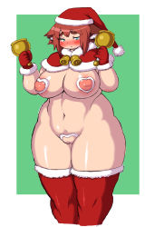 Rule 34 | 1girl, absurdres, animal ears, areola slip, bell, blue eyes, blush, breasts, brown hair, cape, christmas, dog ears, fat, female focus, gloves, hat, highres, huge breasts, inverted nipples, kjmvideo, large areolae, navel, nipples, nude, original, pasties, pussy, santa hat, short hair, simple background, solo, standing, tears, thighhighs, uncensored