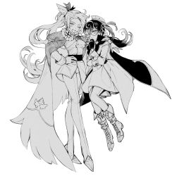 Rule 34 | 2girls, ;d, arm around shoulder, boots, buttons, cape, closed mouth, collared cape, commentary, cookie run, cummerbund, diamond button, double-breasted, dress, earrings, espresso cookie, full body, genderswap, genderswap (mtf), gloves, greyscale, hair over one eye, hair ribbon, hand on own hip, hand on own arm, hand on own chin, hat, hat feather, highres, humanization, jacket, jewelry, lapel pin, long hair, long sleeves, looking at viewer, low ponytail, madeleine cookie, monochrome, multicolored hair, multiple girls, official alternate costume, one eye closed, open mouth, pants, ponytail, ribbon, round eyewear, simple background, sleeve cuffs, slit pupils, smile, sparkle earrings, streaked hair, symbol-only commentary, tuko, white background, wing hair ornament