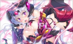 Rule 34 | 1girl, ahoge, armor, bikini armor, black thighhighs, blush, breasts, cleavage, covering privates, covering breasts, demon wings, faulds, headgear, large breasts, long hair, low twintails, nagayori, open mouth, purple eyes, revealing clothes, sample watermark, senki zesshou symphogear, senki zesshou symphogear xd unlimited, shiny skin, silver hair, simple background, solo, teeth, thighhighs, torn clothes, twintails, very long hair, watermark, white background, wings, yukine chris