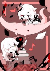 Rule 34 | 2girls, animal, black gloves, blush, book, boots, brown background, bupiyo, chibi, eden (honkai impact), elysia (honkai impact), elysia (miss pink elf) (honkai impact), gloves, hair between eyes, hand on own chin, heart, highres, honkai (series), honkai impact 3rd, leggings, long hair, long sleeves, looking at another, lying, manta ray, multiple girls, musical note, on stomach, one eye closed, paper, pointy ears, simple background, single glove, sitting, smile, table, yellow eyes