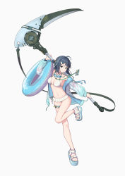 Rule 34 | 1girl, absurdres, ahoge, arknights, bikini, black hair, breasts, cleavage, feather hair, full body, goggles, goggles around neck, highres, holding, holding scythe, holding swim ring, holding weapon, id card, innertube, la pluma (arknights), la pluma (summer flowers) (arknights), lanyard, medium breasts, navel, official alternate costume, quietmrcat, sandals, scythe, short hair, simple background, solo, standing, standing on one leg, stomach, swim ring, swimsuit, weapon, white background, white bikini, white footwear