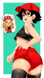 Rule 34 | 1boy, 1girl, absurdres, androgynous, ash ketchum, ass, ass focus, bad id, bad pixiv id, bare arms, bare legs, black hair, black thighhighs, blonde hair, border, bulge, chibi, cosplay, creatures (company), crossdressing, erection, erection under clothes, female pervert, full body, futanari, game freak, highres, lips, looking at viewer, looking back, nintendo, open mouth, overalls, pervert, pokemon, pokemon (anime), pokemon xy (anime), serena (pokemon), serena (pokemon) (cosplay), short hair, short shorts, shorts, smile, solo, suiren ciao, thighhighs, trap, white border
