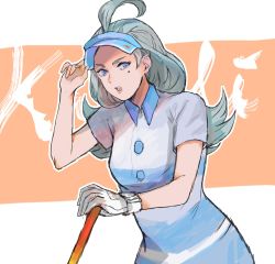 Rule 34 | 1girl, ahoge, aqua hair, bad id, bad twitter id, buttons, character name, creatures (company), elite four, game freak, gloves, golf club, hand on headwear, highres, jyuv, kahili (pokemon), long hair, looking away, looking to the side, mole, mole under eye, nintendo, open mouth, pokemon, pokemon sm, purple eyes, shirt, short sleeves, single glove, solo, striped clothes, striped shirt, teeth, visor cap, white gloves