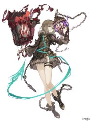 Rule 34 | 1girl, aqua eyes, belt, blood, book, broken, broken chain, brown hair, chain, collar, cuffs, floating, floating book, floating object, full body, fur trim, gretel (sinoalice), hansel (sinoalice), ji no, looking at viewer, male focus, official art, shackles, sinoalice, solo, thigh strap, white background
