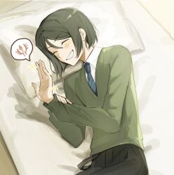 Rule 34 | 1boy, black hair, black pants, blue necktie, blush, closed eyes, collared shirt, command spell, fate/zero, fate (series), green sweater, grin, hand on own wrist, hand tattoo, happy, highres, long sleeves, lying, male focus, necktie, on side, pants, pillow, shirt, short hair, smile, solo, sparkle, spoken symbol, striped necktie, sweater, tattoo, tokoni fusu, waver velvet, white shirt