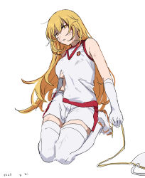 Rule 34 | 1girl, absurdres, bag, bare shoulders, bleeding from forehead, blonde hair, blood, blood on face, breasts, bright pupils, commentary request, elbow gloves, female focus, full body, gloves, gym shirt, gym shorts, gym uniform, half-closed eyes, handbag, highres, injury, kneeling, large breasts, long hair, looking at viewer, parted lips, school emblem, shirt, shokuhou misaki, short shorts, shorts, simple background, sleeveless, sleeveless shirt, solo, sparkling eyes, star-shaped pupils, star (symbol), symbol-shaped pupils, takatisakana, toaru kagaku no railgun, toaru majutsu no index, tokiwadai school gym uniform, torn clothes, torn shirt, underboob, very long hair, white background, white footwear, white gloves, white shirt, white shorts, yellow eyes, yellow pupils