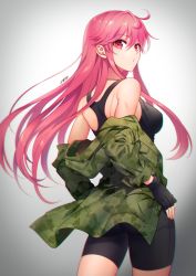 Rule 34 | 1girl, ass, bike shorts, black gloves, breasts, fingerless gloves, gloves, hair between eyes, highres, jacket, jacket partially removed, jewelry, long hair, looking at viewer, milcho, military, military uniform, necklace, original, pink eyes, pink hair, solo, tank top, uniform, unworn jacket