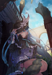 Rule 34 | 1girl, arch, blue eyes, blue hair, bow, bowtie, bridal gauntlets, city, cloud, day, fantasy, from below, hand on headwear, hat, hat feather, highres, kneeling, lee (saraki), long hair, looking at viewer, miniskirt, on one knee, original, outdoors, railing, ribbon, saraki, shade, signature, skirt, sky, smile, solo