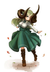 Rule 34 | 159cm, 1girl, animal ears, asymmetrical horns, blush, boots, brown footwear, closed mouth, commentary request, full body, glan (159cm), green hair, green skirt, hair between eyes, head tilt, horns, long hair, long sleeves, looking at viewer, original, outstretched arms, simple background, skirt, solo, white background