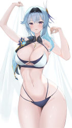 Rule 34 | 1girl, absurdres, arms up, bare arms, bare shoulders, bikini, black bikini, black hairband, blue hair, breasts, cleavage, collarbone, cowboy shot, eula (genshin impact), genshin impact, hai maker, hair ornament, hairband, highres, jewelry, large breasts, layered bikini, long hair, looking at viewer, navel, necklace, parted lips, purple eyes, simple background, smile, solo, stomach, swimsuit, thighs, vision (genshin impact), white background, white bikini