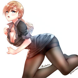 Rule 34 | 1girl, black pantyhose, blonde hair, blush, breasts, character name, cleavage, clothes lift, collared dress, dress, dress lift, hair between eyes, jill valentine, large breasts, long hair, nagare, pantyhose, ponytail, resident evil, resident evil 5, simple background, solo, white background