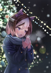 Rule 34 | 1girl, :o, absurdres, animal ears, aoniyoshi, blue coat, blue scarf, braid, brown hair, buttons, christmas tree, coat, double-breasted, highres, horse ears, horse girl, looking to the side, multicolored hair, purple eyes, scarf, short hair, solo, special week (umamusume), tracen winter coat, two-tone hair, umamusume, upper body, white hair, winter clothes, winter coat