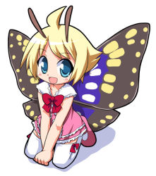 Rule 34 | 1boy, antennae, blonde hair, fairy, full body, insect wings, male focus, mary janes, osaragi mitama, pink footwear, shimon (shimotsuma), shimotsuma, shoes, solo, thighhighs, trap, white background, white thighhighs, wings