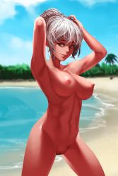 Rule 34 | 1girl, bad id, bad pixiv id, beach, breasts, day, hand up, highres, large breasts, nipples, nude, pussy, smile, uncensored, white hair, yjs