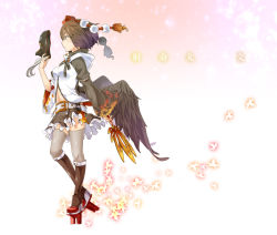Rule 34 | 1girl, adapted costume, belt, black wings, brown hair, expressionless, feathered wings, female focus, from side, full body, geta, grey thighhighs, hand fan, hat, holding, leaf print, looking away, mask, profile, shameimaru aya, short hair, skirt, solo, standing, thighhighs, tokin hat, touhou, wings, yuuzii